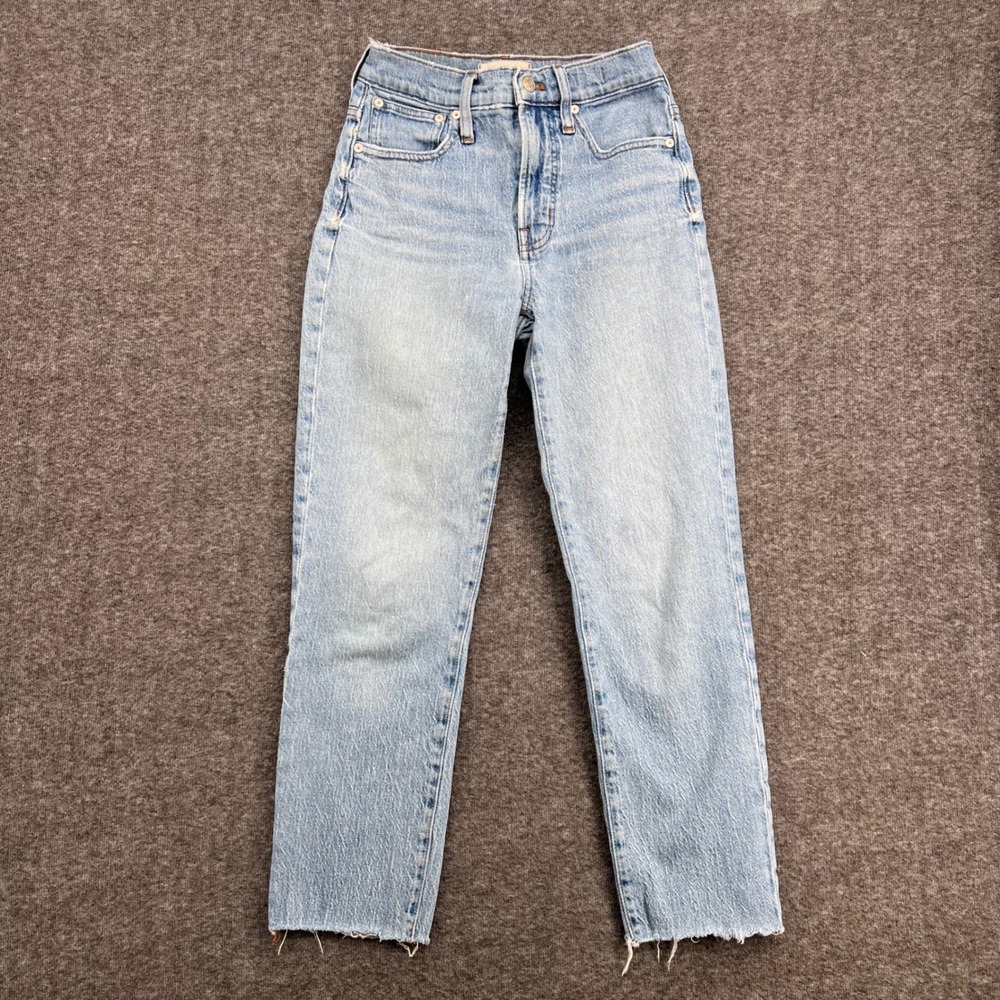 Madewell Womens High Rise Straight Leg Jeans Light Wash Raw Hem Distressed Blue